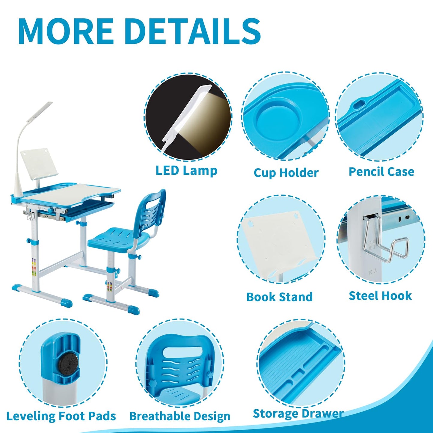 Diroan Kids Functional Desk and Chair Set, Ergonomic Height Adjustable Children School Study Desk with Tilt Desktop, Book Stand, LED Light, Metal Hook and Storage Drawer for Boys Girls(Blue)