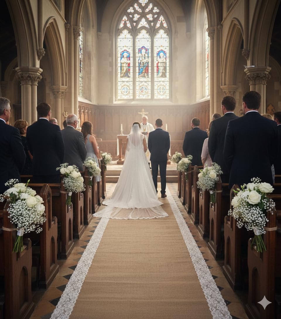 AAYU Premium Burlap Outdoor Wedding Aisle Runner with 5" Wide Ivory Lace Attached Edges, 40 Inch Wide 100 feet Long (40 Inch X 100 Feet)