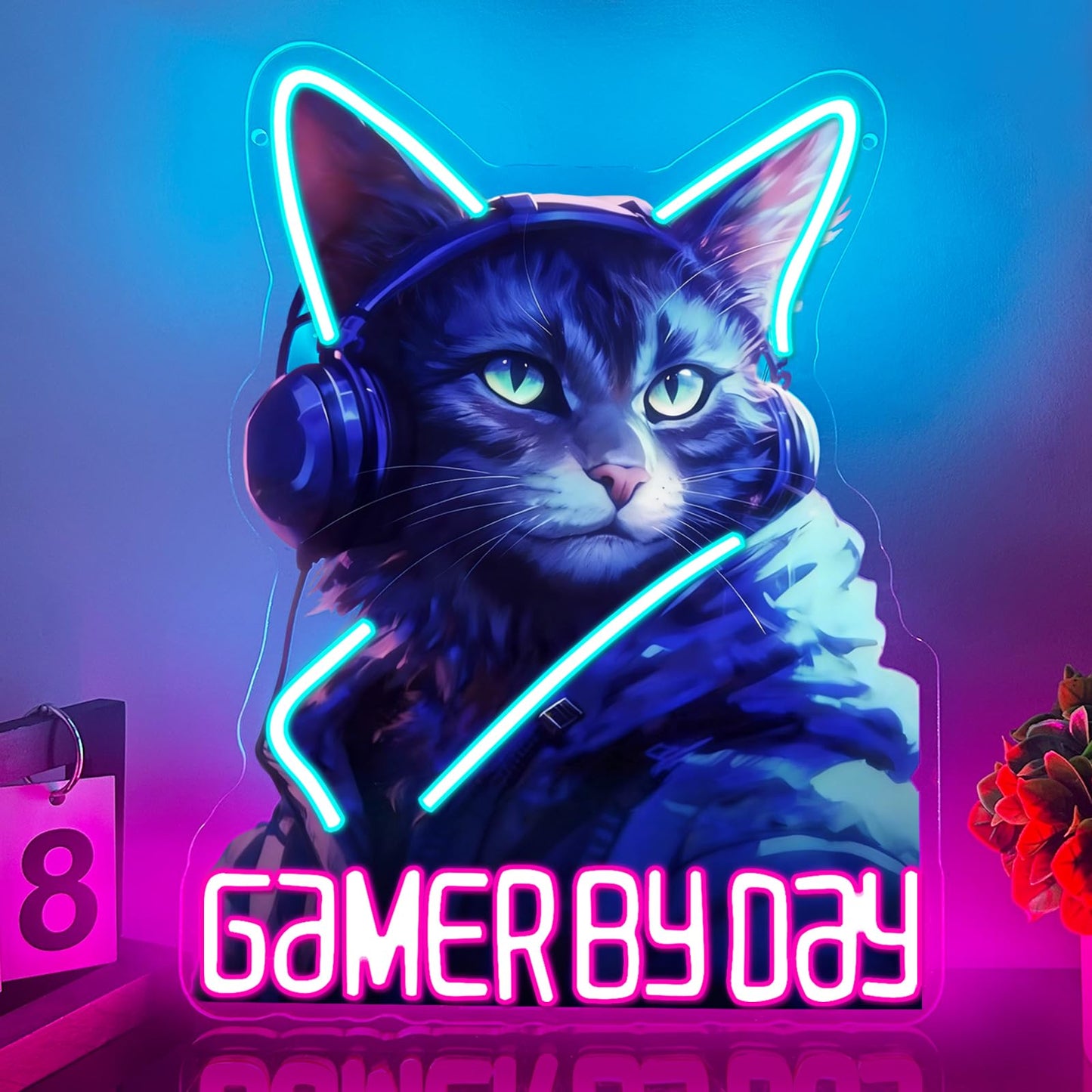 RuCvixkt Gamer By Day Cat Neon Sign, Cool Gaming Cat LED Light, Neon Signs Wall Decor for Game Room, Man Cave, Bedroom, Bar, Gift for Boys Girls Birthday Party Christmas