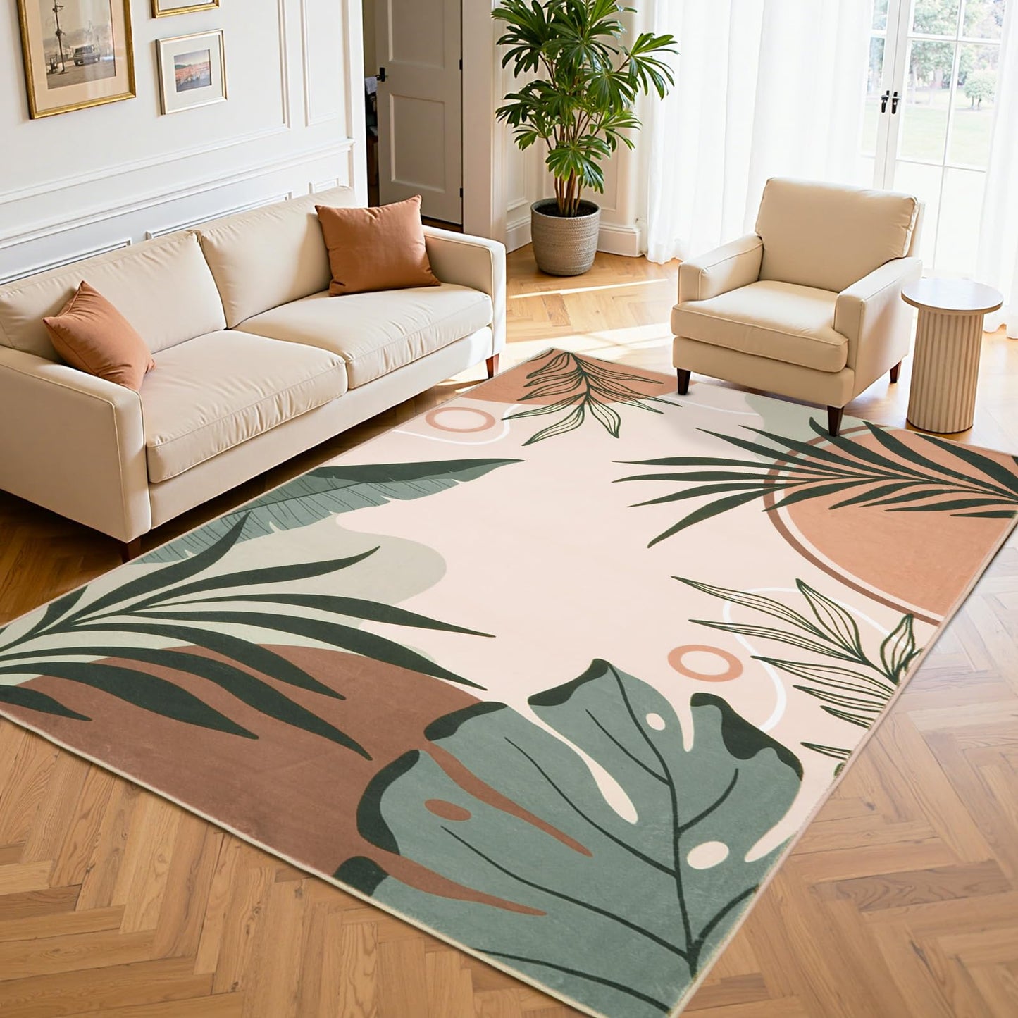 Instellar 5x7 Washable Area Rug for Living Room–Low Pile Non Slip Green Botanical Leaf Carpet for Bedrooms Kitchen Dining Room and Kids' Room,Pink
