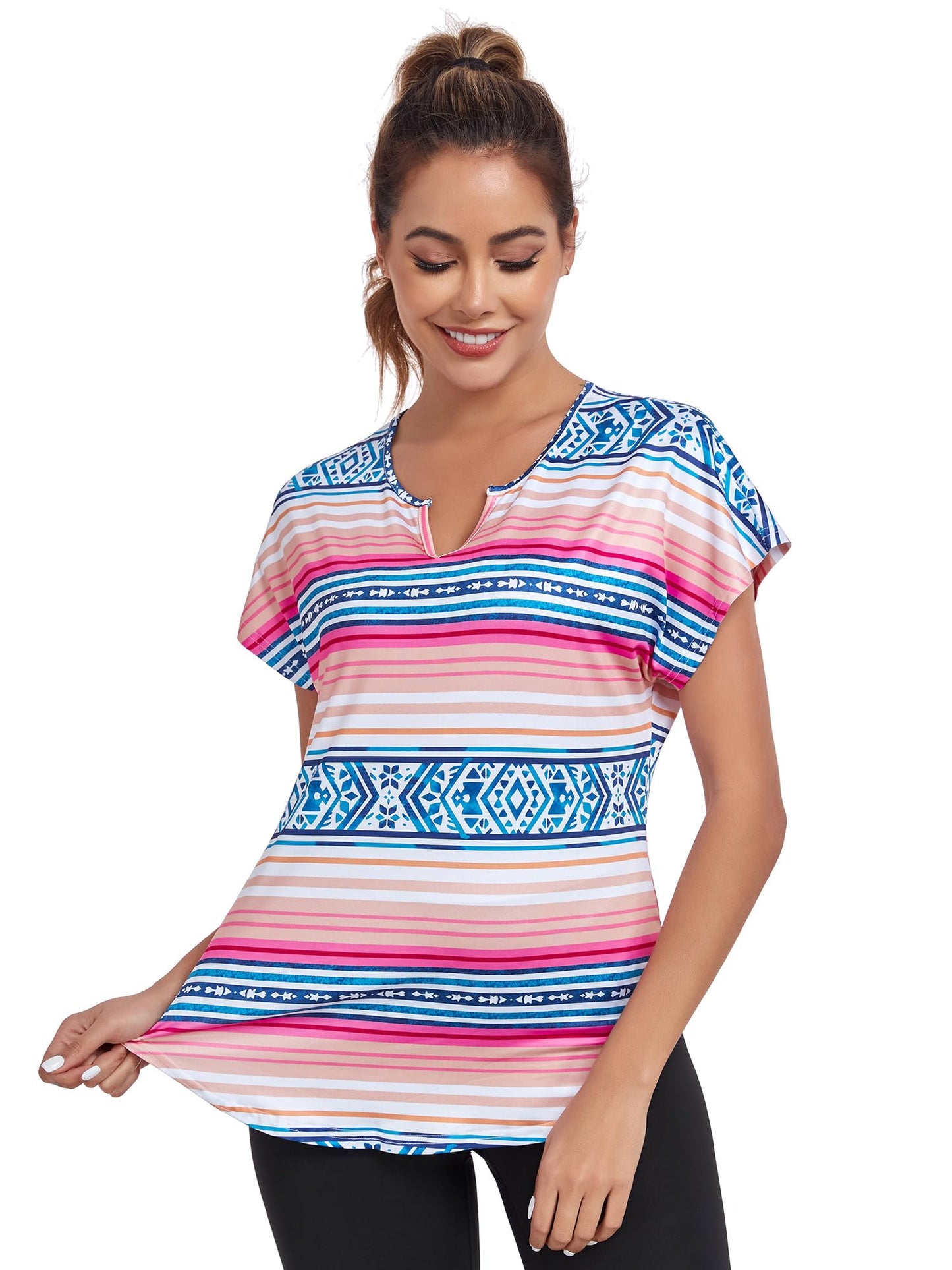 Abrooical Women's Running Tops Short Sleeve V Neck Exercise Yoga Shirts Quick Dry Side Slit Print 01 Large