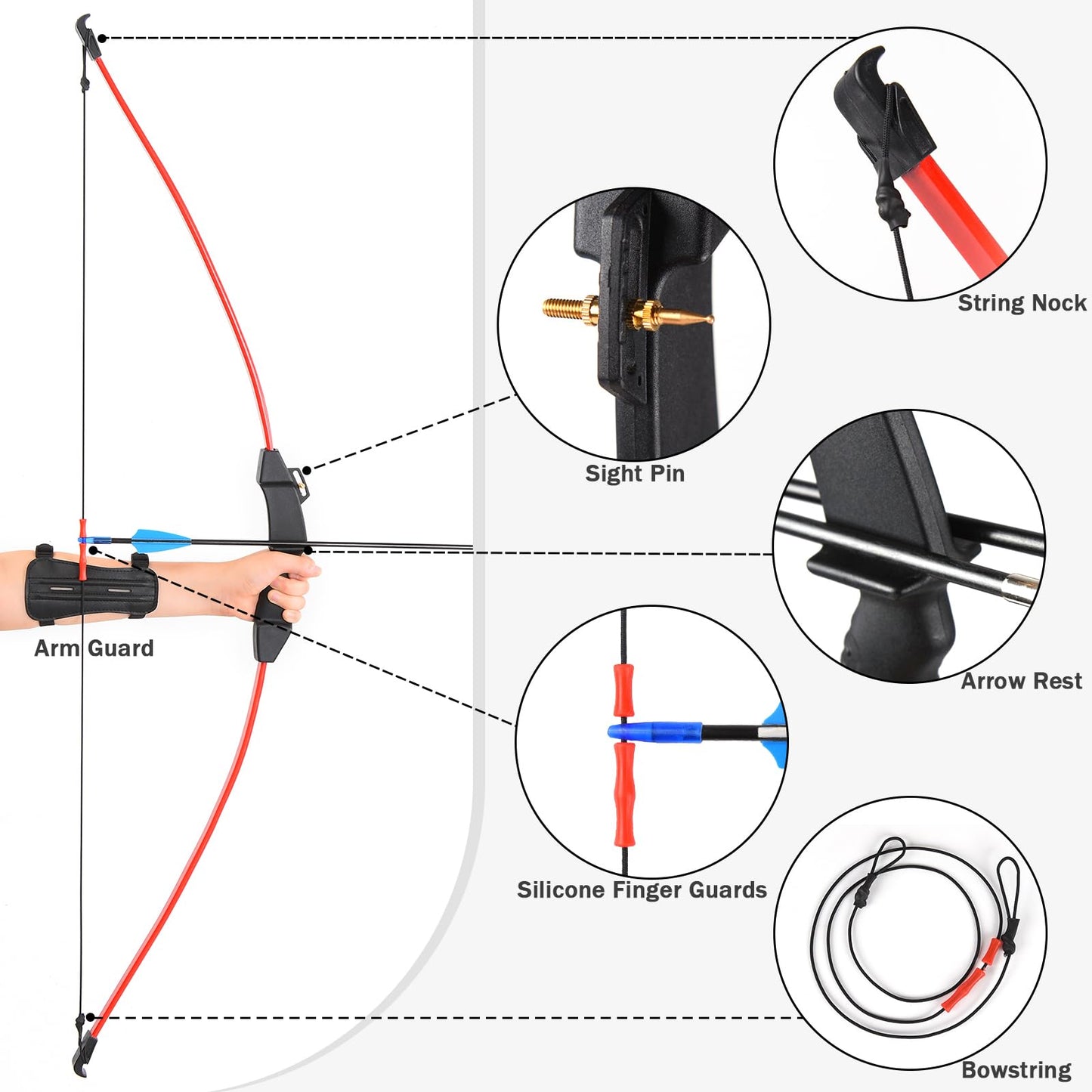 Toy Kids Bow and Arrow Set, 45" Youth Bow and Arrows Archery Set Adult, Teens 8-12 14-16 Year Olds Archery Long Bows with 1 Bow 9 Arrows 5 Target Face 1 Arm Guard 1 Quiver 1 Sight Pin 4 Target Pins
