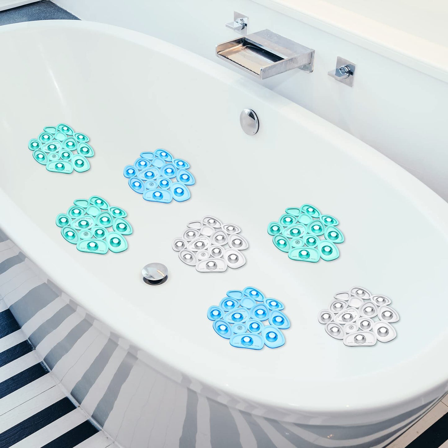 Riakrum 12 Pcs Non Slip Bathtub Stickers, Clear Anti Slip Shower Treads with Strong Suction Cups, Pebble Provides Traction Machine Washable No Residue, Safe(Green, Blue, Transparent)