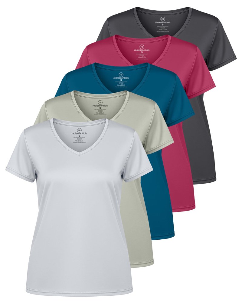 Real Essentials 5 Pack: Women's Dry-Fit Short Sleeve V Neck T Shirt Workout Fitness Yoga Top Tee (Available in Plus Size), Set 13, 1X