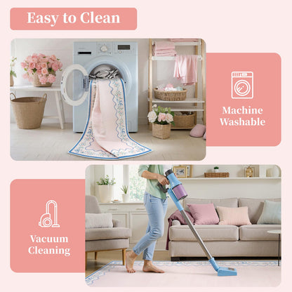 Seavish Pink Floral Rugs for Bedroom Girls, 5x7 Area Rugs for Living Room, Soft Washable Scalloped Nursery Rug, Boho Farmhouse Non-Slip Low Pile Carpet Rug for Kids Playroom Dining Room Office