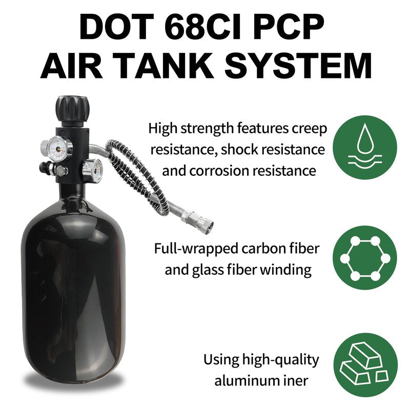 Orctac DOT 68ci PCP air Tank System,4500psi Black Carbon Fiber Paintball Tank,HPA Tank Paintball air Tank pcp Tank with 5/8-18UNF Thread Dual Gauge Valve and Tank Handbag