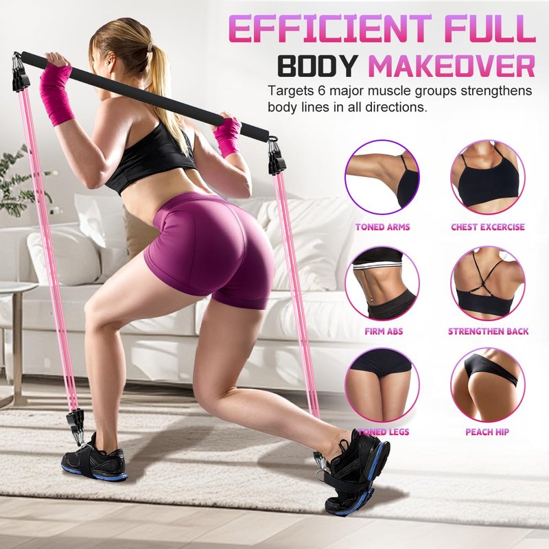 VEICK Pilates Bar Kit with Resistance Bands, Elastic Workout Bands for Men and Women, Set of 5 Resistance Loop Bands for Home Fitness, Stretching, Strength Training, Physical Therap, Purple