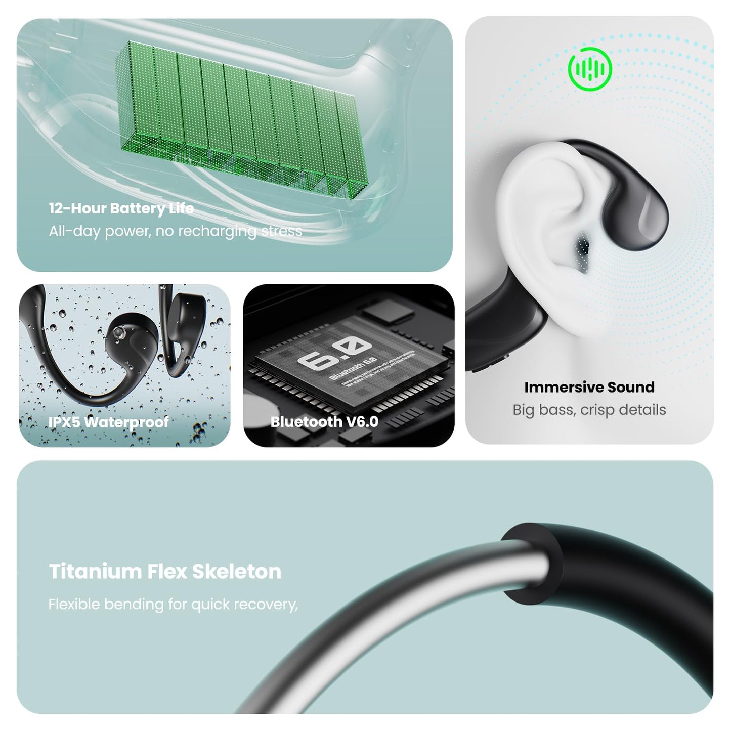 Pupabiflor Bone Conduction Headphones,Bluetooth V6.0 Bone Conduction Earbuds with Mic,Open Ear Headphones 12Hrs Playtime,Wireless IPX5 Waterproof Sport Headphone for Running (Obsidian Black)