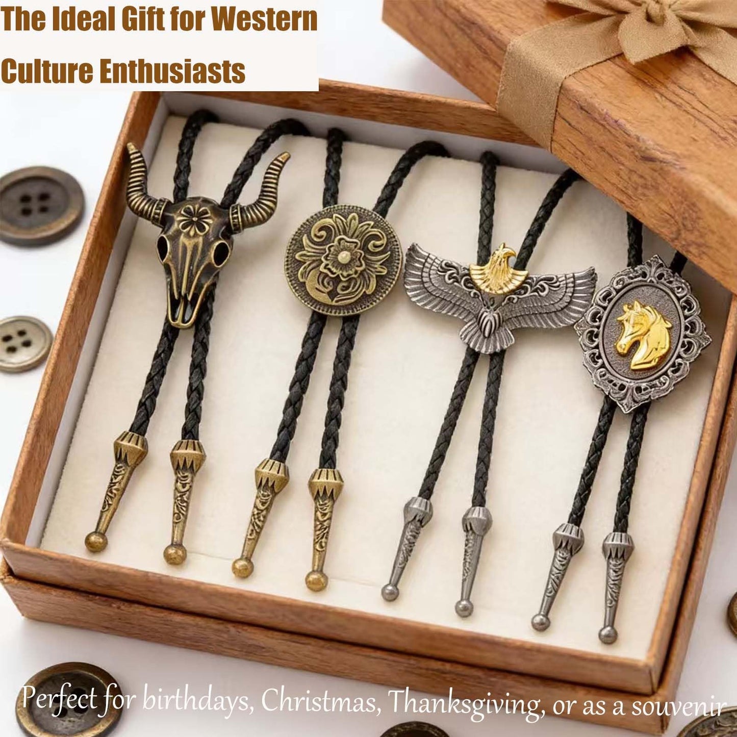 Daoofukeji 4Pcs Western Cowboy Bolo Tie for Men - Retro Engraved Alloy Pendant & Braided Leather Rope Necktie,Cowboy Ties Necklace Perfect for Daily Wear, Cosplay, Party, and Holiday Gifts
