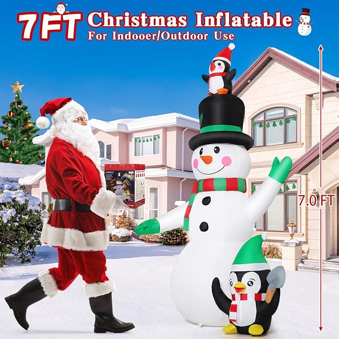 GOOSH 7 FT Christmas Inflatables Snowman and Penguin with Built-in Music & 360° Rotation Colorful Projector LED Light, Blow Up Snowman Outdoor Christmas Decoration for Holiday Party Xmas New Year