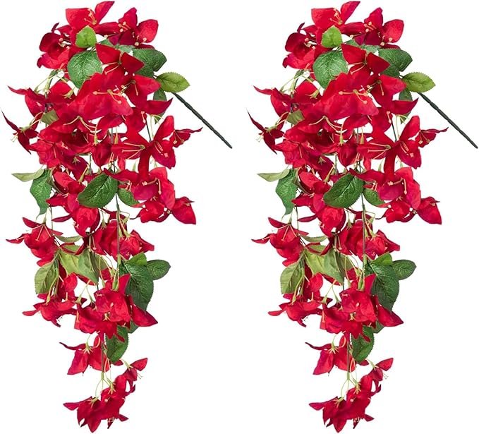 2PCS Bougainvillea Artificial Hanging Flowers Plants for Outdoors Outside Fall Decoration, Faux Silk Flowers Fake Vines UV Resistant Look Real Realistic for Front Door Porch Planter Balcony, Red