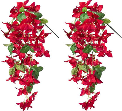 2PCS Bougainvillea Artificial Hanging Flowers Plants for Outdoors Outside Fall Decoration, Faux Silk Flowers Fake Vines UV Resistant Look Real Realistic for Front Door Porch Planter Balcony, Red