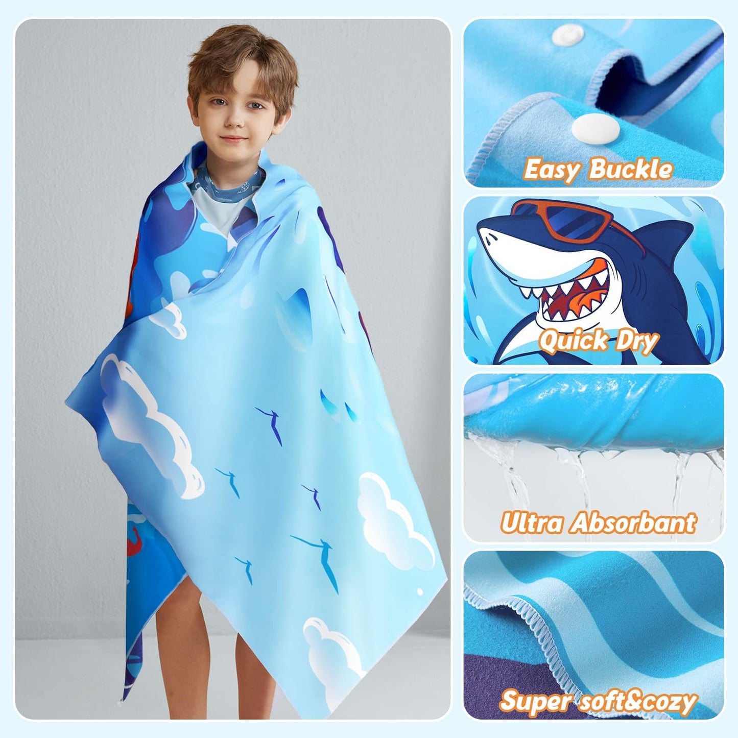 WERNNSAI Shark Kids Beach Towel for Boys, 30”x 60” Microfiber Double-Sided Beach Towel for Kids Quick Dry Sand Free Pool Towel Personalized Toddler Beach Towel Travel Swim Camping Towel