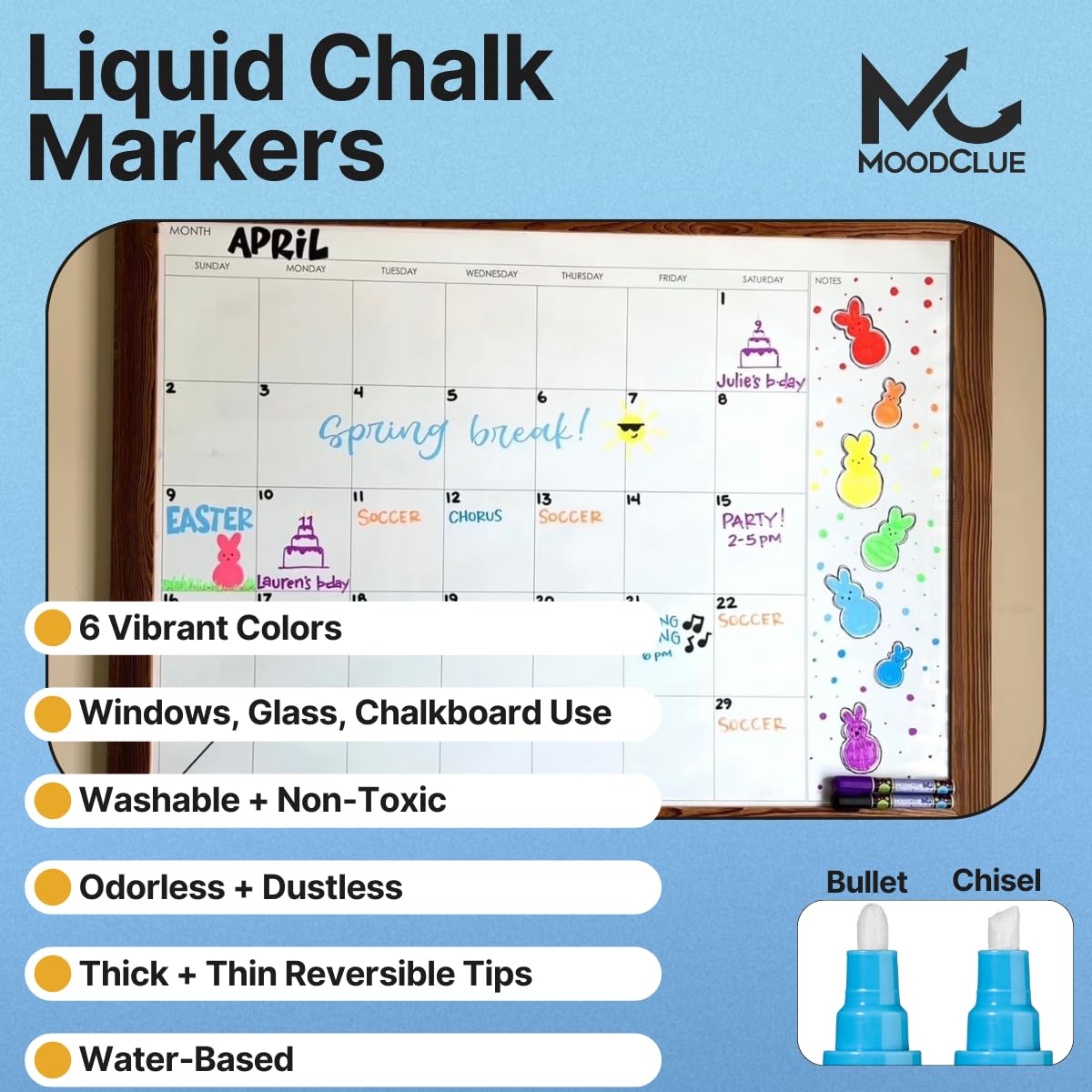 MoodClue Liquid Chalk Markers for Glass Erasable – 6 Neon Wet & Dry Erase Chalk Markers, Reversible Fine & Bold Tip, Washable Window, Mirror, Whiteboard, Blackboard & Car Window