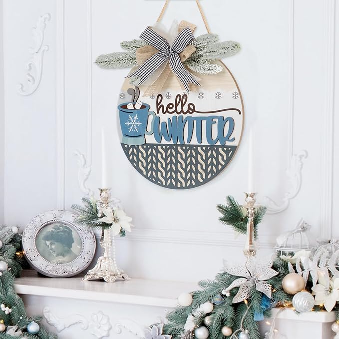 TOARTi Hello Winter Welcome Door Wreath with Bow Pine(11.4''x11.4''), Rustic Coffee Cup Snowflake Sign Hanging, Farmhouse Home Kitchen Cafe Wooden Decoration for Christmas Winter Housewarming Gift