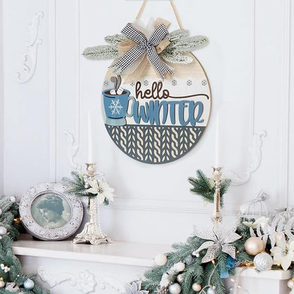 TOARTi Hello Winter Welcome Door Wreath with Bow Pine(11.4''x11.4''), Rustic Coffee Cup Snowflake Sign Hanging, Farmhouse Home Kitchen Cafe Wooden Decoration for Christmas Winter Housewarming Gift