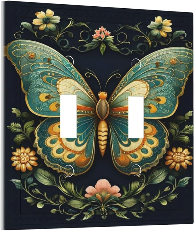 Butterfly Ornate with Flower Light Switch Covers Double Toggle 2 Gang Wall Plate Dual Decorative Switchplate Electrical Faceplate for Farmhouse Decor