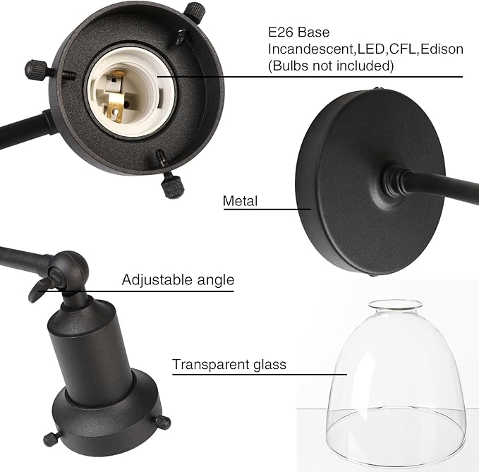 PERMO Industrial Sconces Slope Pole Sconce with 6.7" Oval Dome Clear Glass Shade Matte Black Wall Sconce Wall Mount Light Fixture for Bathroom Bedroom Entryway Home Office Kitchen