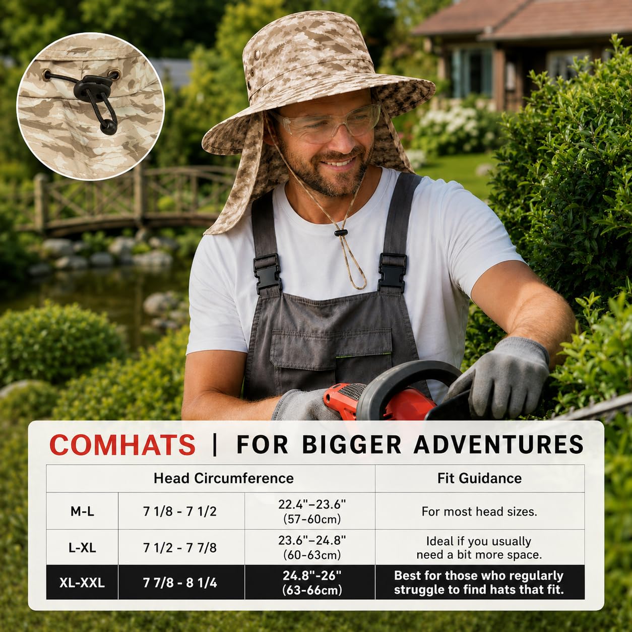Comhats Sun Hats for Men Neck Cover Flap Protection UPF50+ Wide Brim Summer Boonie Bucket Waterproof Summer Golf Packable Travel Big Head X-Large XX-Large XL XXL Light Grey