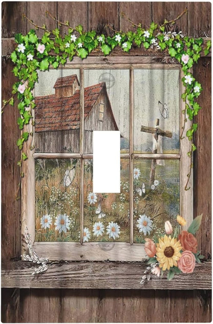 Farm Barn Farmhouse Rustic Country Flower Single Toggle Light Switch Plates Cover Decorative 1 Gang Wall Plate Electrica Faceplate for Bathroom Bedroom Decorate Accessories