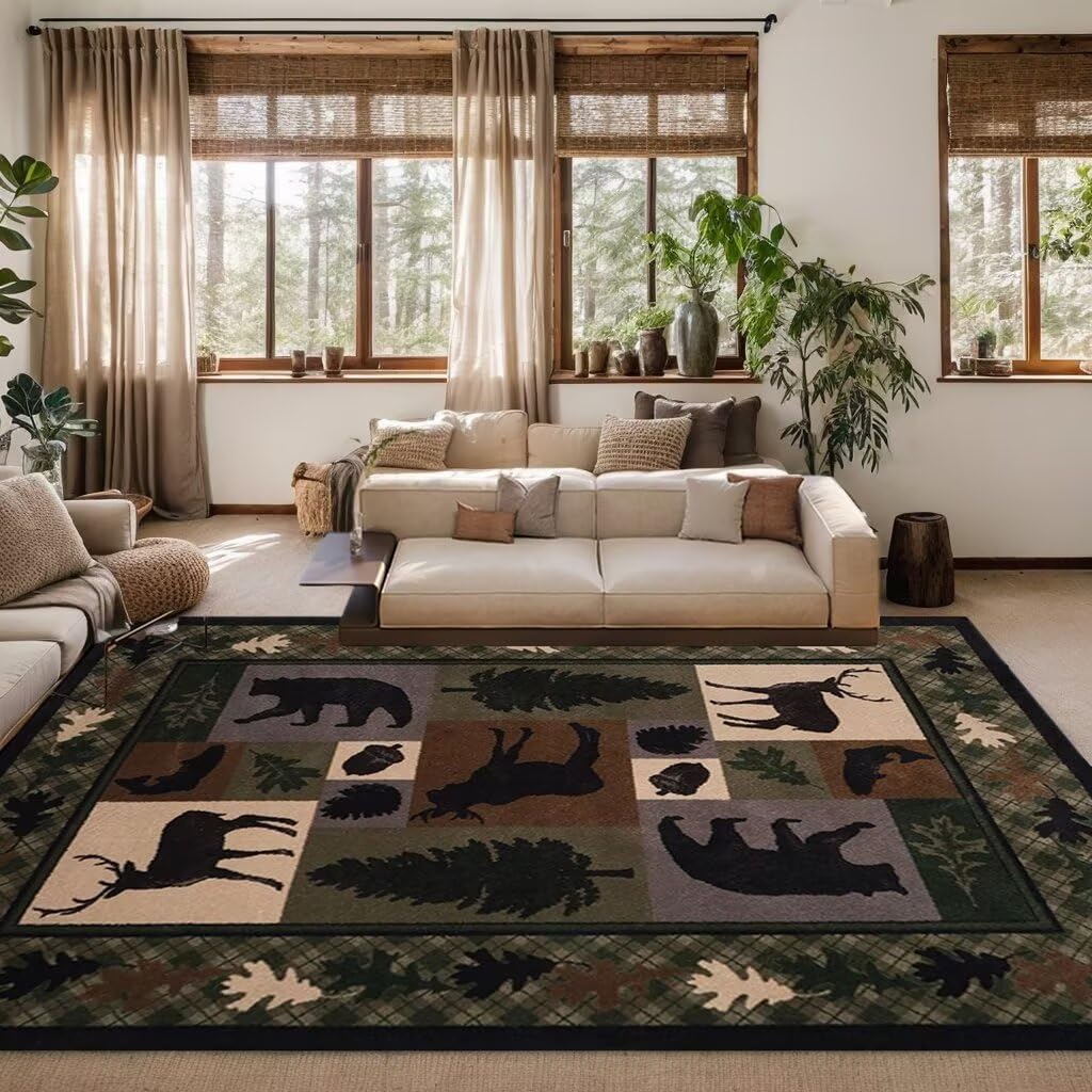 Qmkmyy Vintage Lodge Cabin Area Rug 4'x6' Hunting Bear Deer Print Rugs Rustic Wildlife Farmhouse Rug Country Style Leaf Carpet Low Pile Rectangular Mat,Black