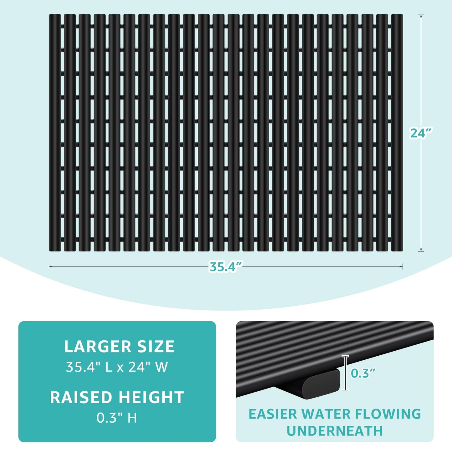 OTHWAY Large Shower Mat, 35.4 x 24 Inch No Suction Cup Shower Mat Non Slip, Quick Drain Non Slip Shower Mats for Inside Shower, Heavy Duty Curlable PVC Stand up Shower Floor Mat, Black
