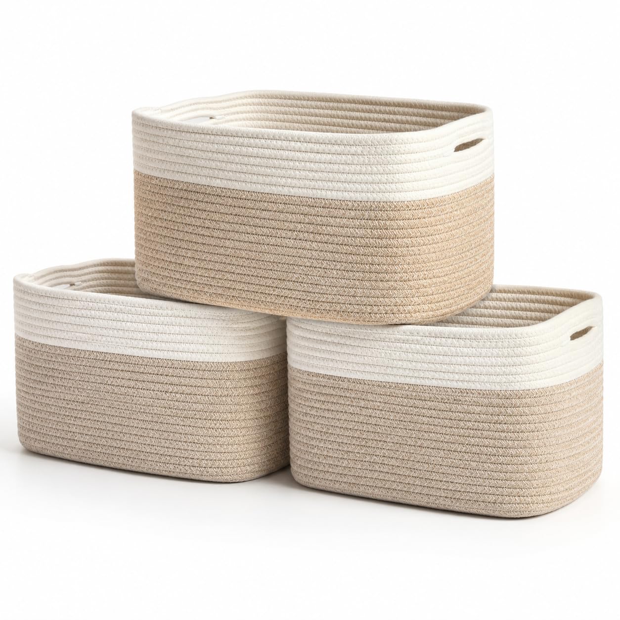 Light Honey Cotton Rope Baskets for Shelves, Set of 3 - 15"×10"×9½" - Woven Storage Baskets for Organizing - Closet, Nursery, Bedroom, Playroom - Toys, Books, Towels, Clothes