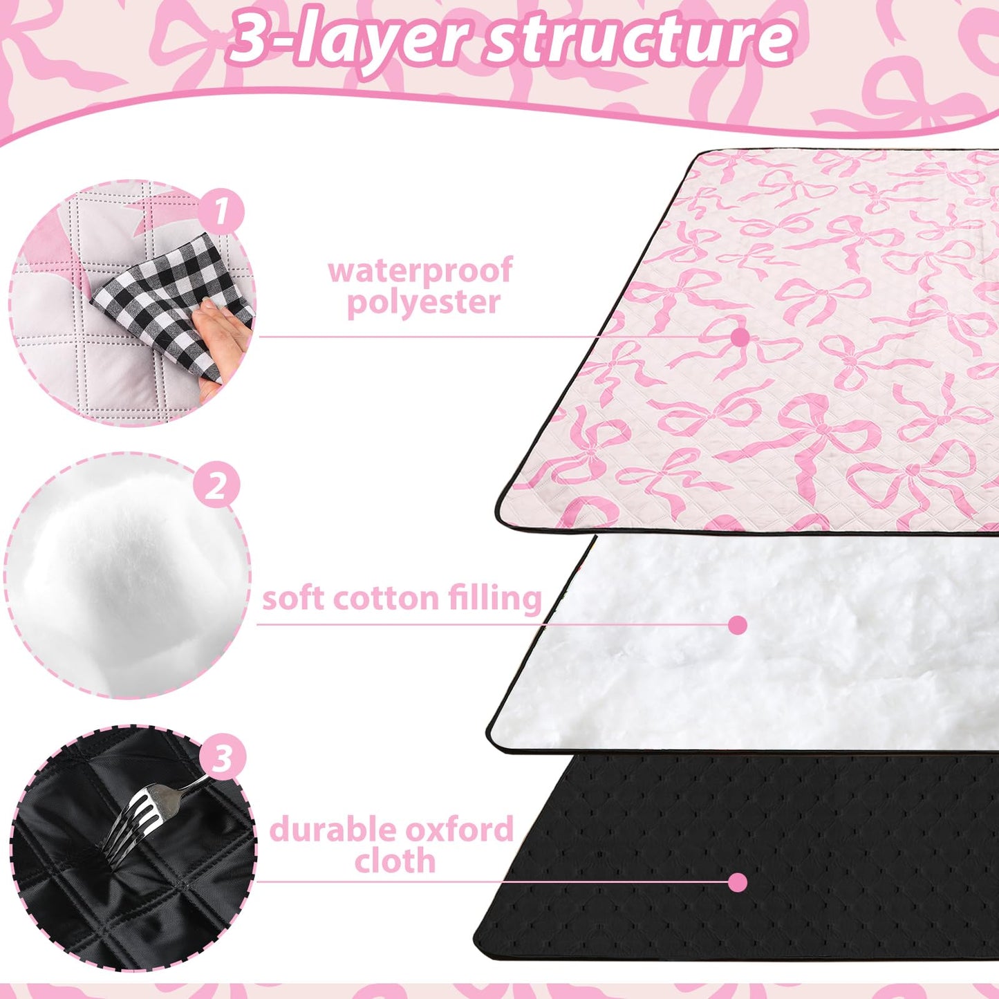 SmoothNovelty Pink Bow Picnic Blanket 80'' x 80'' Waterproof Extra Large Camping Blanket Coquette Picnic Mat Foldable Portable Preppy Outdoor Beach Mat with Carry Strap for Outdoor Grass Lawn Park
