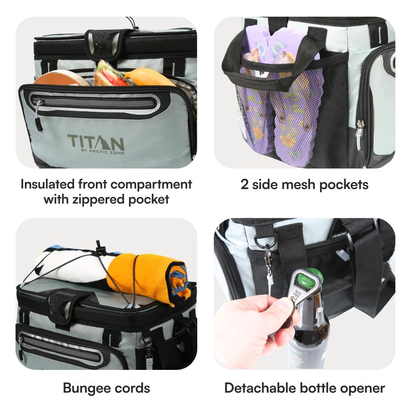Titan by Arctic Zone Zipperless Soft Sided Cooler with HardBody Liner and SmartShelf, Insulated Bag with Shoulder Strap and Bottle Opener for Beach, Picnic, and Travel, 30 Can Capacity, Seagrass
