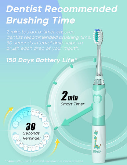 SEAGO Kids Electric Toothbrush with 2 Mins Brushing Timer and 4 Replacement Bursh Heads, Rainbow LED Light Make Brushing Fun, Boys Battery Powerd Toothbrush for 4-12 Years Old，SG-977 (Light Blue)