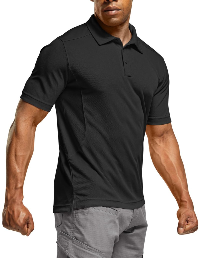 CQR Men's Quick Dry Tactical Polo Shirt, Lightweight Breathable Performance Polo, Short Sleeve UPF 50+ Outdoor Golf Shirt, Frost Essential Black, Large