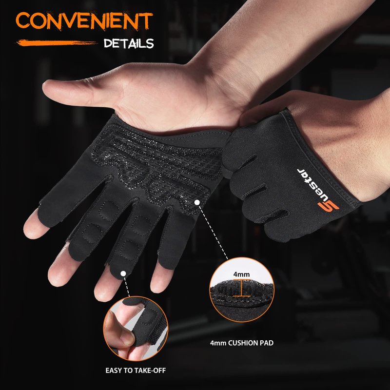 SueStar Partial Weight Lifting Gloves, 3/4 Finger Workout Gloves for Men Women, Full Palm Protection & Silicone Grip Gym for Weightlifting Exercise Fitness Smartwatch Friendly (Black, Small)