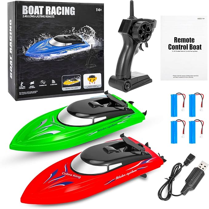 Lumiparty 2PACK RC BoatRemote Control Boats for Kids and Adults10km/H 2.4G High Speed Remote Control BoatFast RC Boats for Pools and Lakes with 4 Rechargeable Battery.(Red+Green)