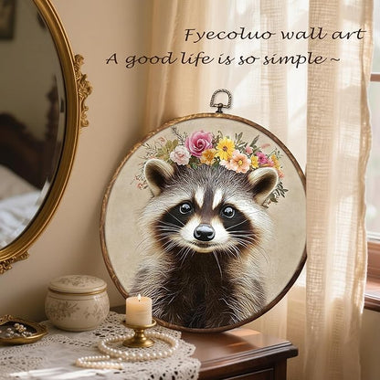 HUGANE Funny Floral Wreath Raccoon Round Wall Art Decor, Rustic Flower Racoon Trash Panda Hanging Canvas Framed Prints Wall Sculptures for Nursery Kids Room Home Bedroom Decor, 10x10 Inch