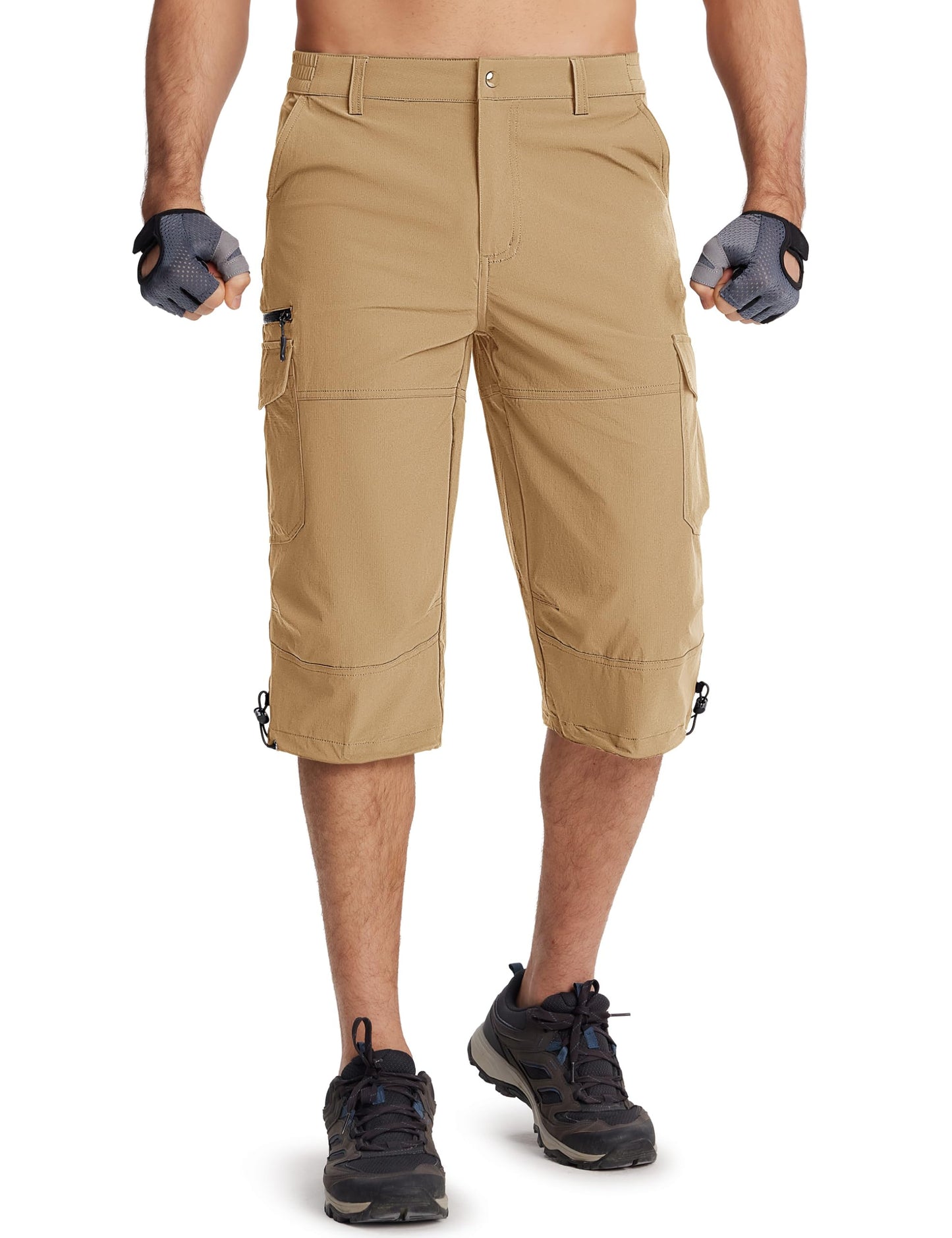 TACVASEN Men's Cargo Shorts Hiking Quick Dry 3/4 Long Shorts Below Knee Work Water Resistant Capri Pants with Drawstring Khaki
