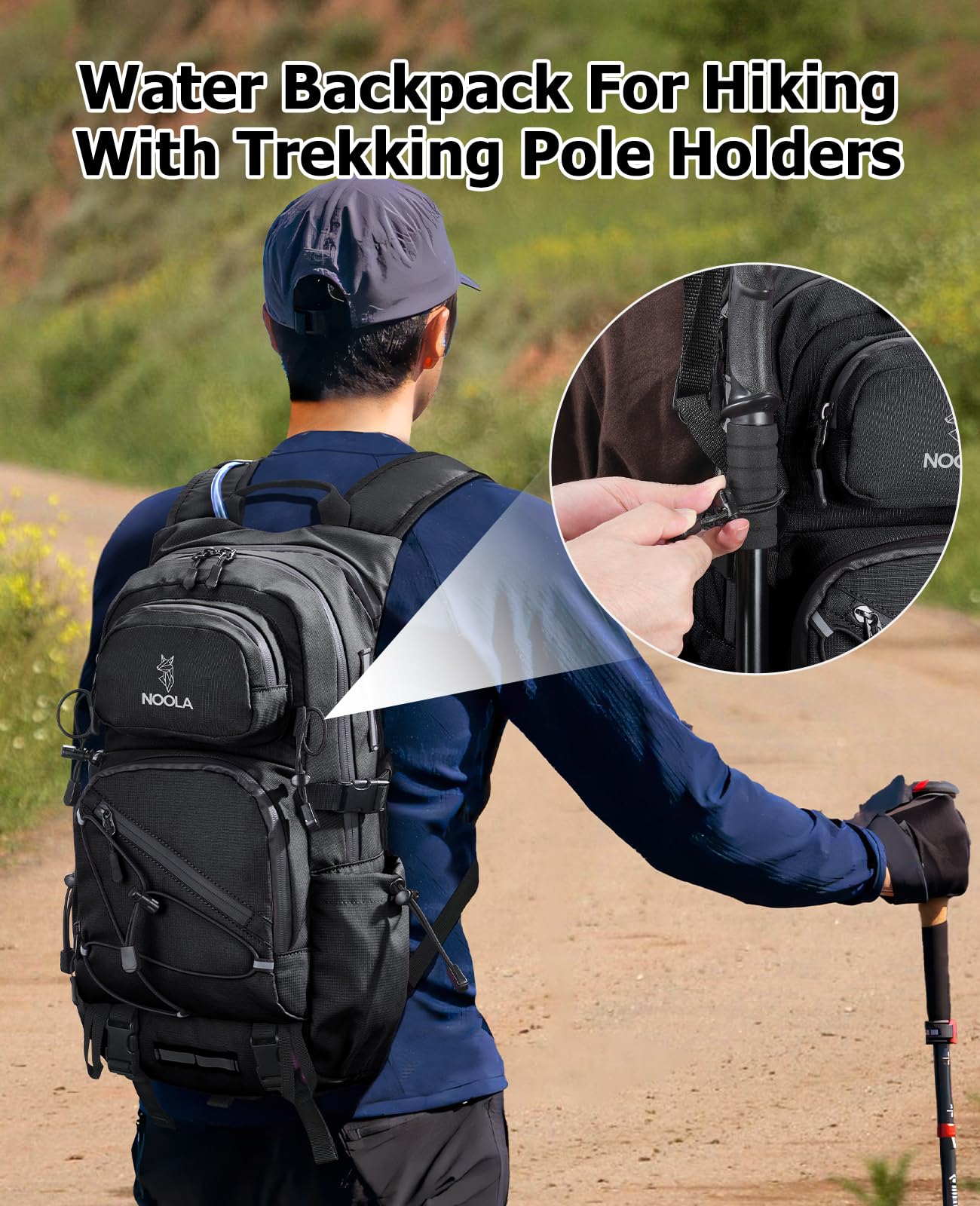 NOOLA Hydration Hiking Backpack with 3L Water Bladder - 22L Water Backpack for Cycling, Running, Biking - Lightweight Hiking Pack Bag with Rain Cover, Phone Holder and Trekking Pole Holders, Black