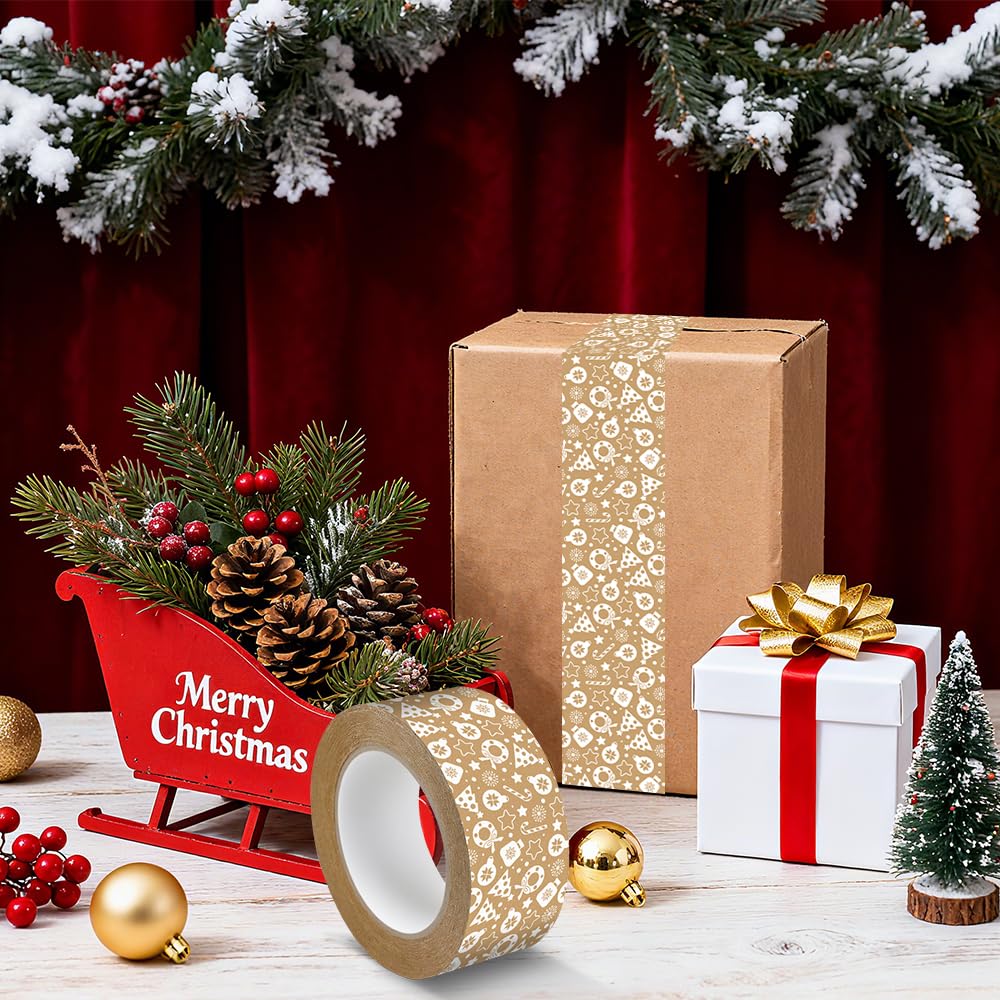 AWEELON 100 Yard Christmas Packing Tape Sticky Brown Kraft Gift Wrapping Tape