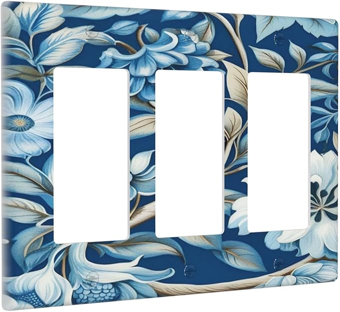 Blue Flowers Branches Leaves Floral Pattern 3 Gang Rocker Triple Outlet Wall Plate Decorative Switchplate Cover Faceplate GFCI Light Switch Covers for Farmhouse Living Decor