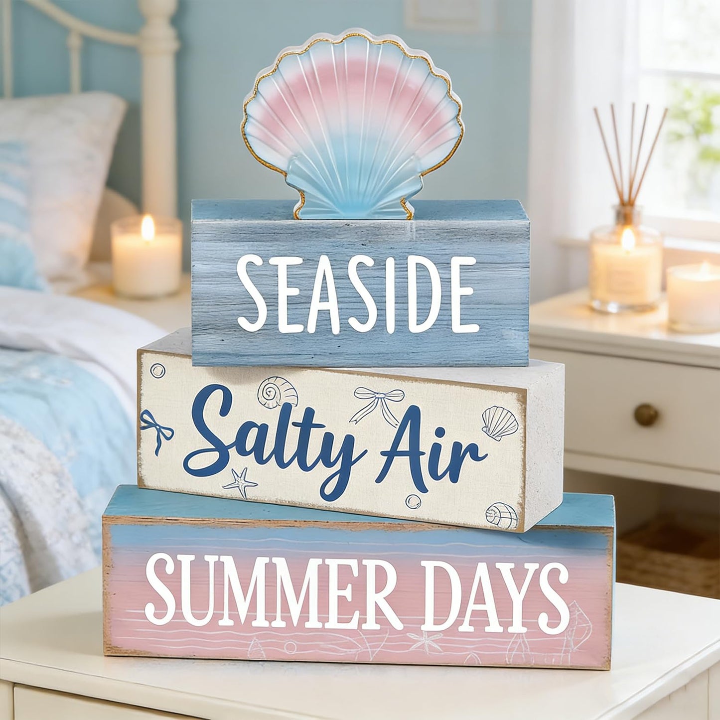 4 Pcs Seaside Beach Tiered Tray Decor Rustic Wooden Nautical Centerpiece with Salty Air Summer Days Sign Farmhouse Coastal Room Decor Summer Tiered Tray Decor