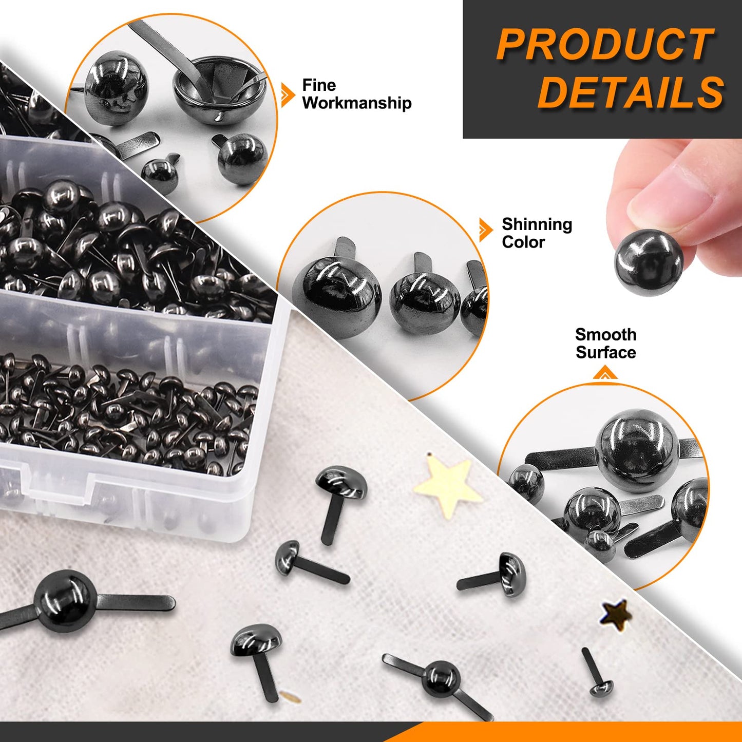 Rustark 500PCS 5 Sizes Black Paper Fasteners Round Brads Fasteners Assortment Kit Mushroom Head Paper Fasteners Brass Metal Brads Scrapbooking Decorative Paper Crafts School DIY Art Project Supplies
