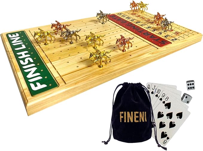 Horse Racing Game for Adults With 11 Luxurious Metal Horses (Silver Black Rose Gold) 22 Pine Wood Race Game Board Dice &amp Card Included (Log Color3)