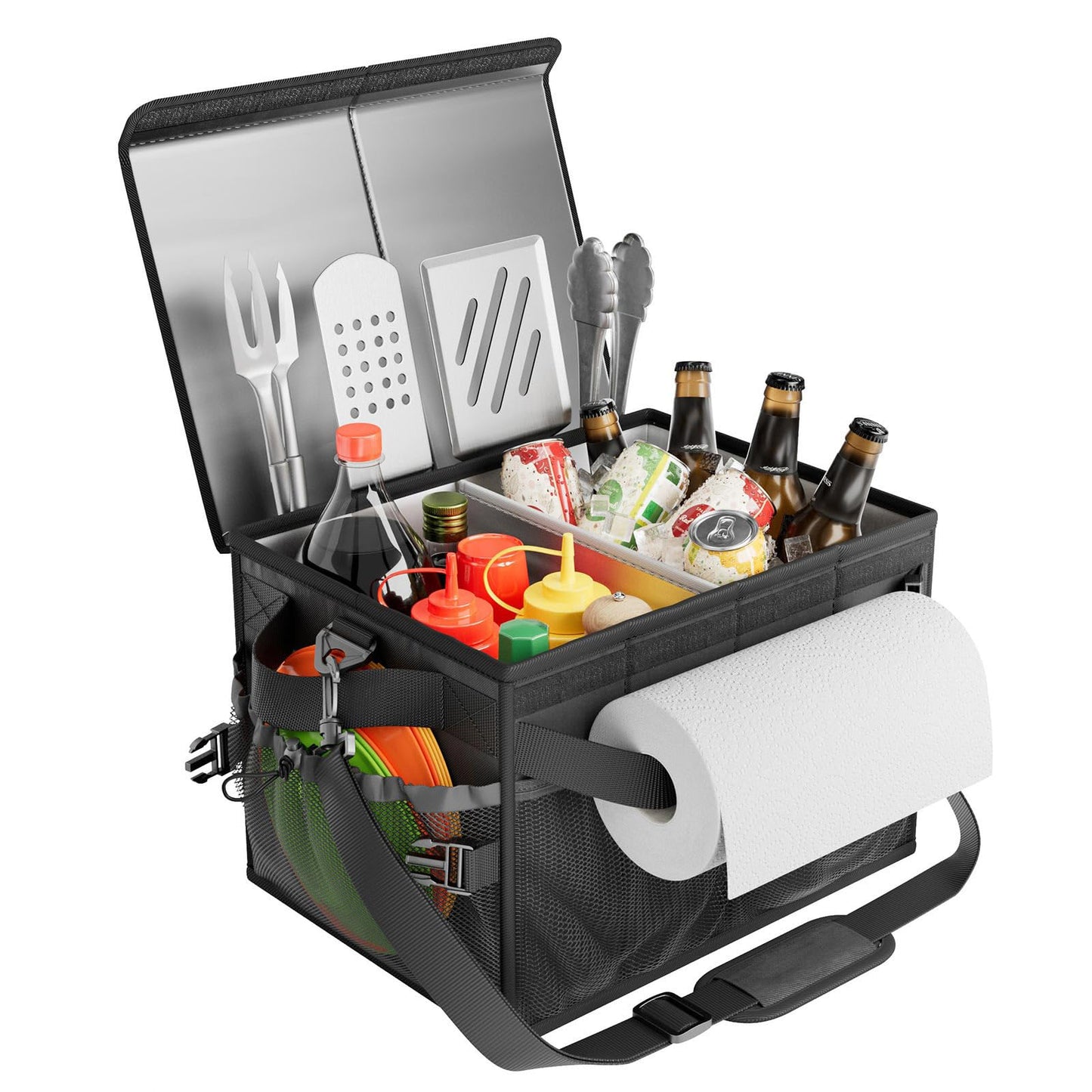 FANGSUN Black Grill Caddy, BBQ Organizer with Lid & Paper Towel Holder, Picnic Griddle Caddy for Outdoor Camping, Barbecue Accessories Organizer, 32L Capacity, Black