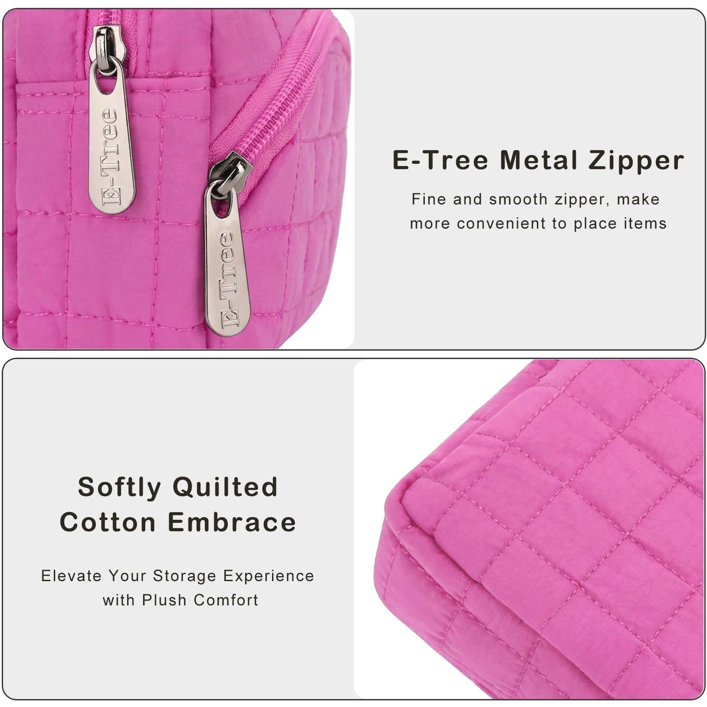 E-Tree Makeup Bag, Quilted Cosmetic Bag for Women, Puffer Make up Pouch for Purse,Travel Toiletry Organizer Case (Pink)