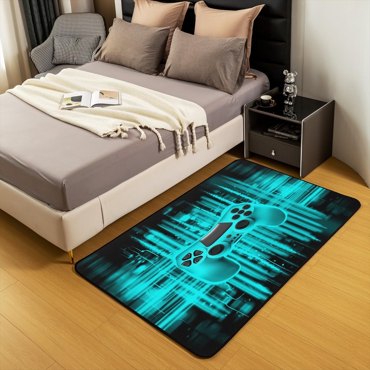 Erosebridal Turquoise Game Console Area Rug 4'11" x 3'3" for Boys Girls Kids Geometric Striped Gaming Carpet Gamer Decorative Washable Rug for Boys,Teal Black