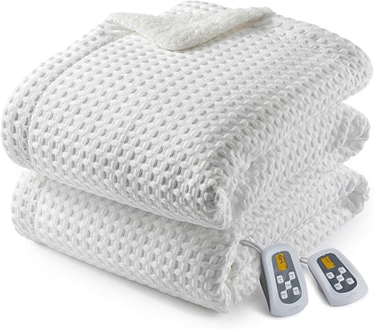 CAROMIO Heated Blanket King Size with LCD Dual Controller, Waffle Weave Fast Heating Electric Blankets, 10 Heat Levels & 1-12H Time Settings, ETL Certified, Machine Washable, Off White, 100" x 90"