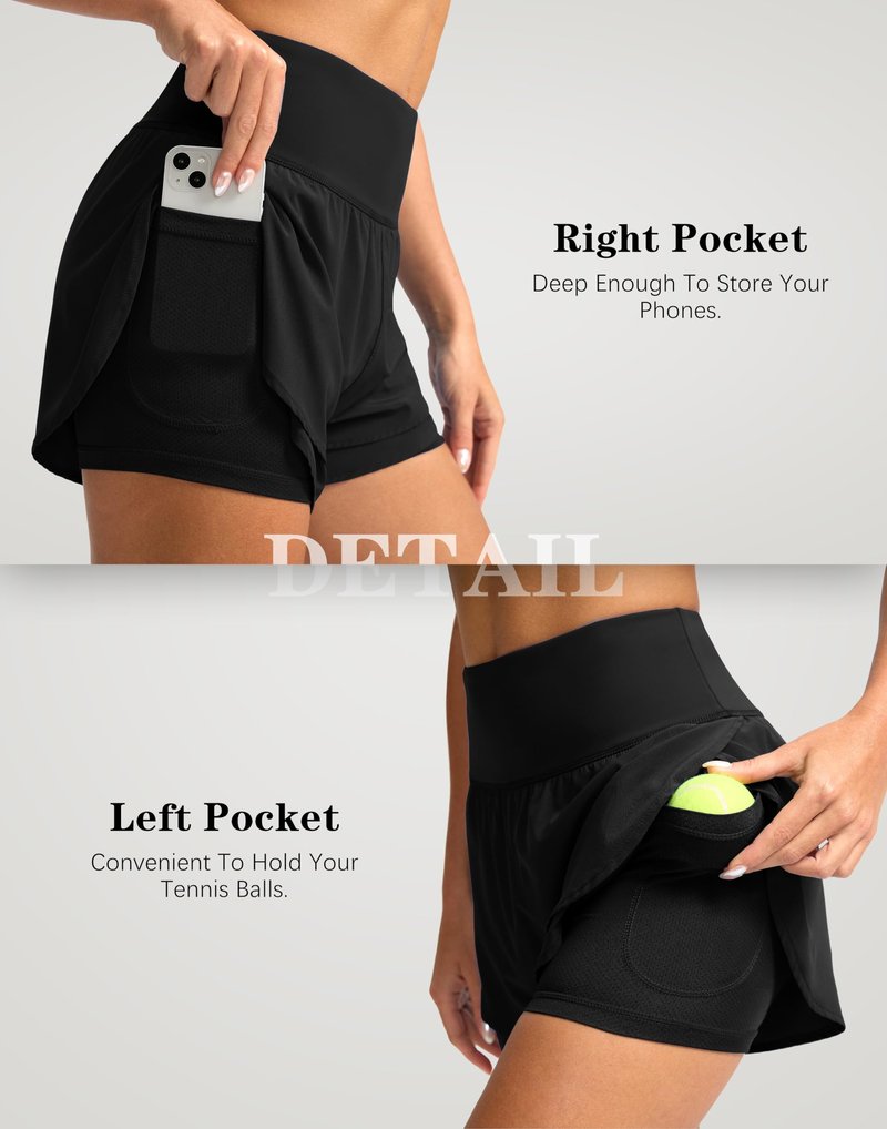 SANTINY Women's 2 in 1 Running Shorts with Pockets 3" High Waisted Exercise Workout Athletic Shorts for Women with Liner(Black_M)