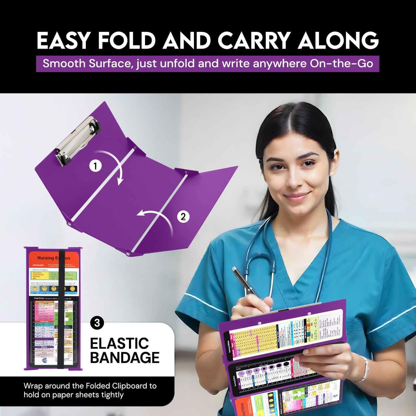 Nursing Clipboard with Nursing and Medical Edition Cheat Sheets 3 Layers Aluminum Foldable Nurse Clip Board Nursing Student Essentials - Foldable Clipboard Nursing Nursing School Essentials (Purple)