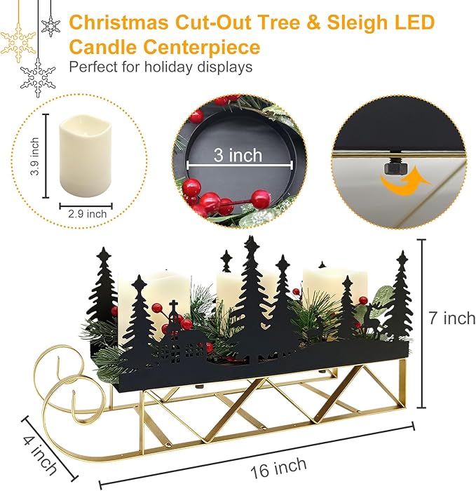 Christmas Sleigh Table Centerpieces Decorations, Xmas Black Cut-Out Tree Sleigh LED Candle Candelabrum with Timer Holiday Candle Holder for Home Party Table Mantel Decoration