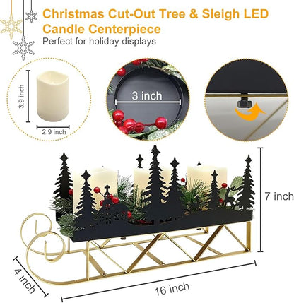 Christmas Sleigh Table Centerpieces Decorations, Xmas Black Cut-Out Tree Sleigh LED Candle Candelabrum with Timer Holiday Candle Holder for Home Party Table Mantel Decoration