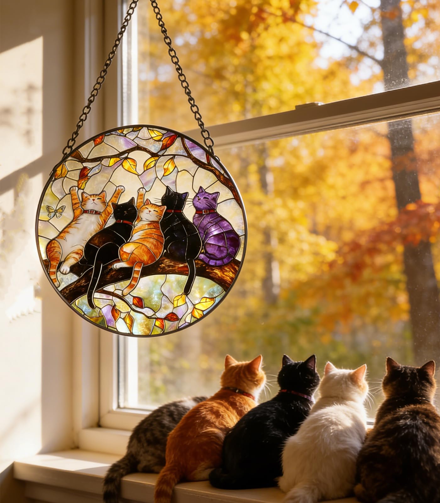 NGOKPYD Cat Stained Glass Window Hanging - 5 Happy Kittens on a Branch Suncatcher for Window Doors Home Decoration and Christmas, Mother's Day Birthday Gifts for Women Men Mom 6.3x6.3 inch